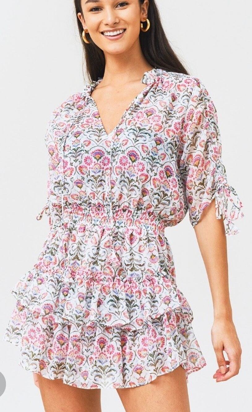 MISA Becca chiffon Mini Dress Ruffle Somerset Stencil Floral Peasant Boho Sz XS